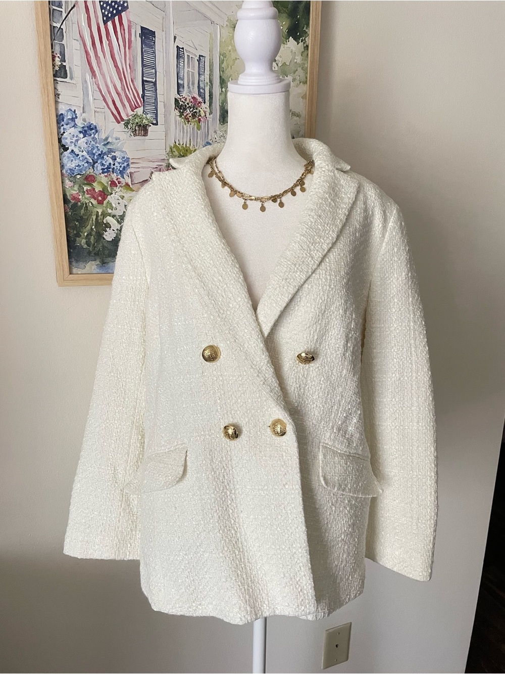 Talbots Petite Cream Tweed Double Breasted Blazer Jacket 16P Gold Crest Buttons